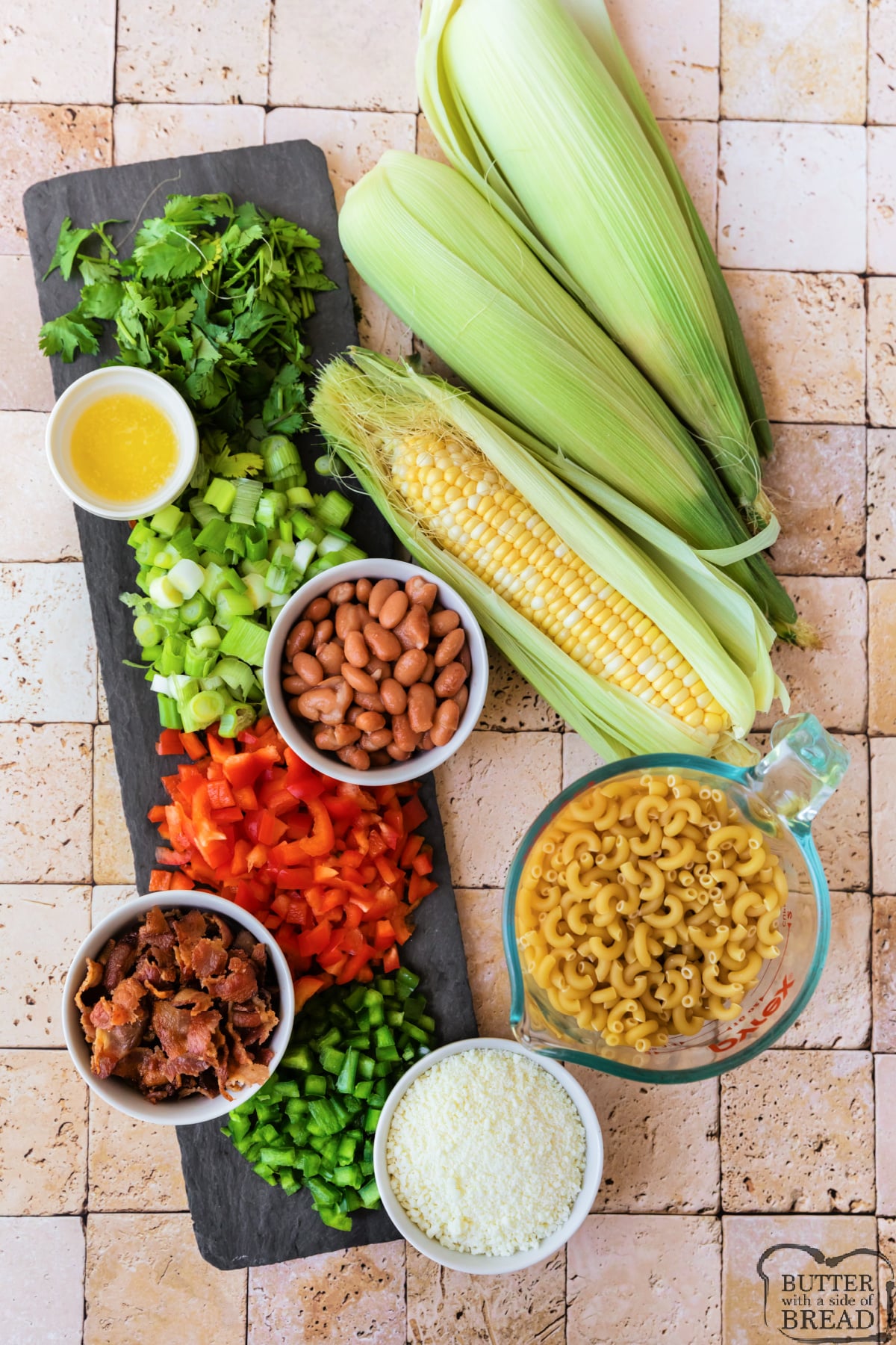 Ingredients in Mexican Street Corn Pasta Salad recipe.