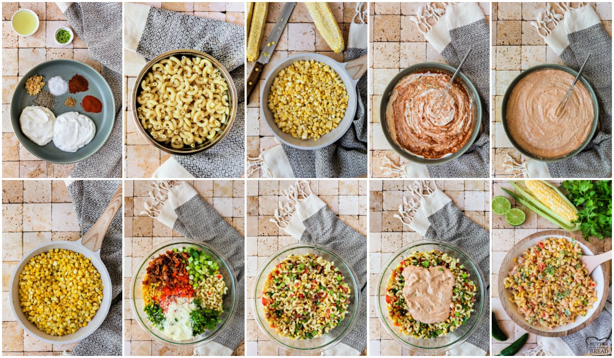 Step by step instructions on how to make Mexican Street Corn Pasta Salad.