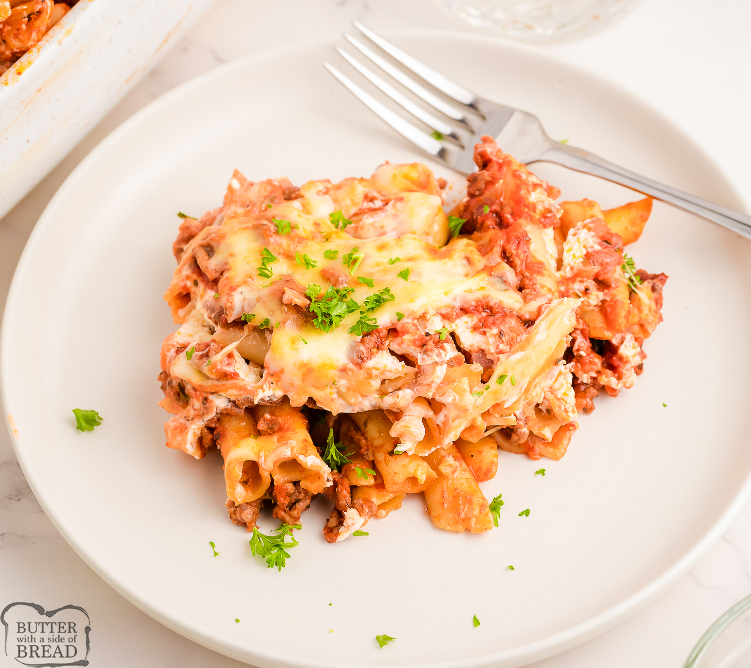 serving of baked ziti on a white plate