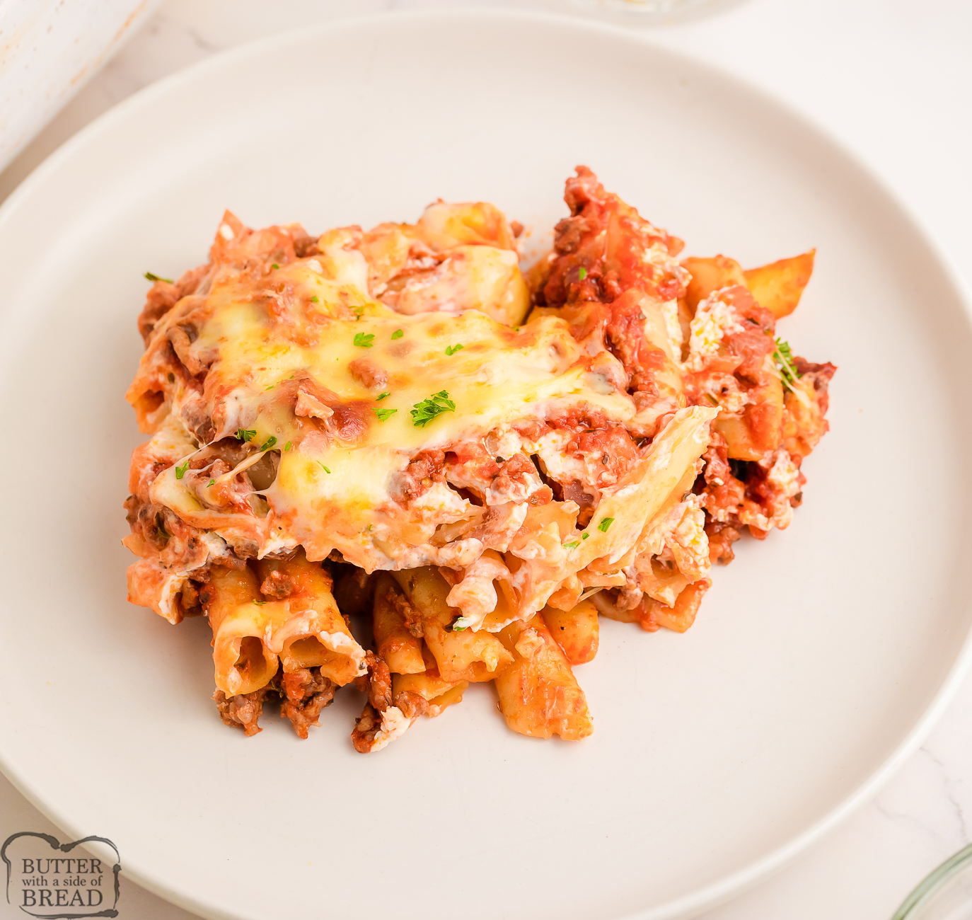 a helping of baked ziti pasta bake