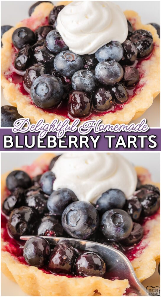 Individual blueberry tarts with a buttery shortbread crust and jammy blueberry filling; stunning for summer parties, showers, & 4th of July, with just 30 minutes of active prep!