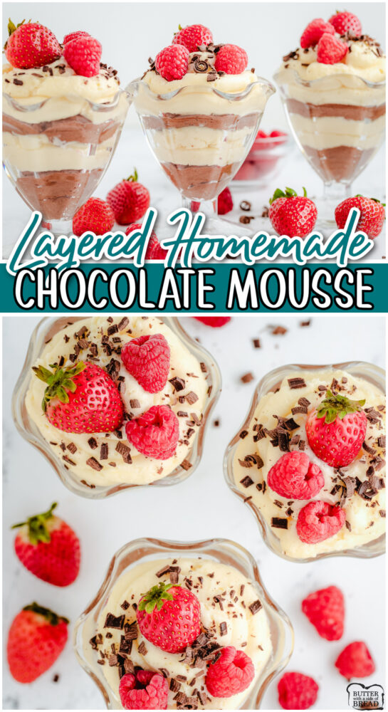 Luscious Layered Chocolate Mousse made with simple ingredients for a silky white chocolate & semi-sweet chocolate mousse topped with fresh fruit!