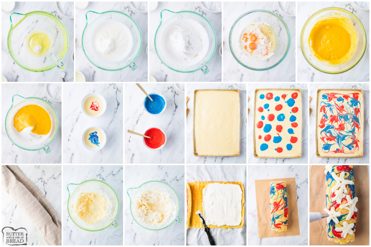 Step by step instructions on how to make a Patriotic Cake Roll recipe.