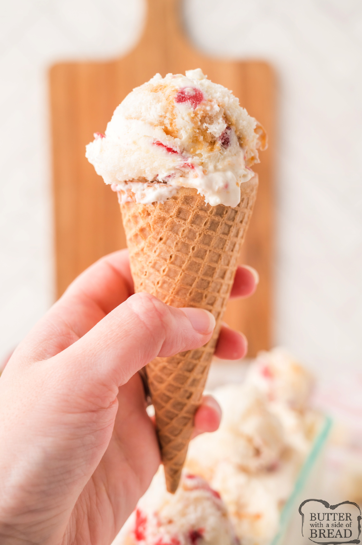 Strawberry shortcake ice cream recipe made with fresh strawberries and angel food cake.