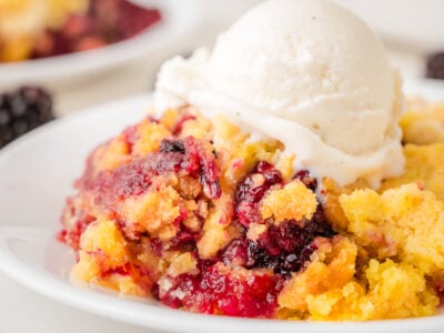 blackberry dump cake topped with vanilla ice cream
