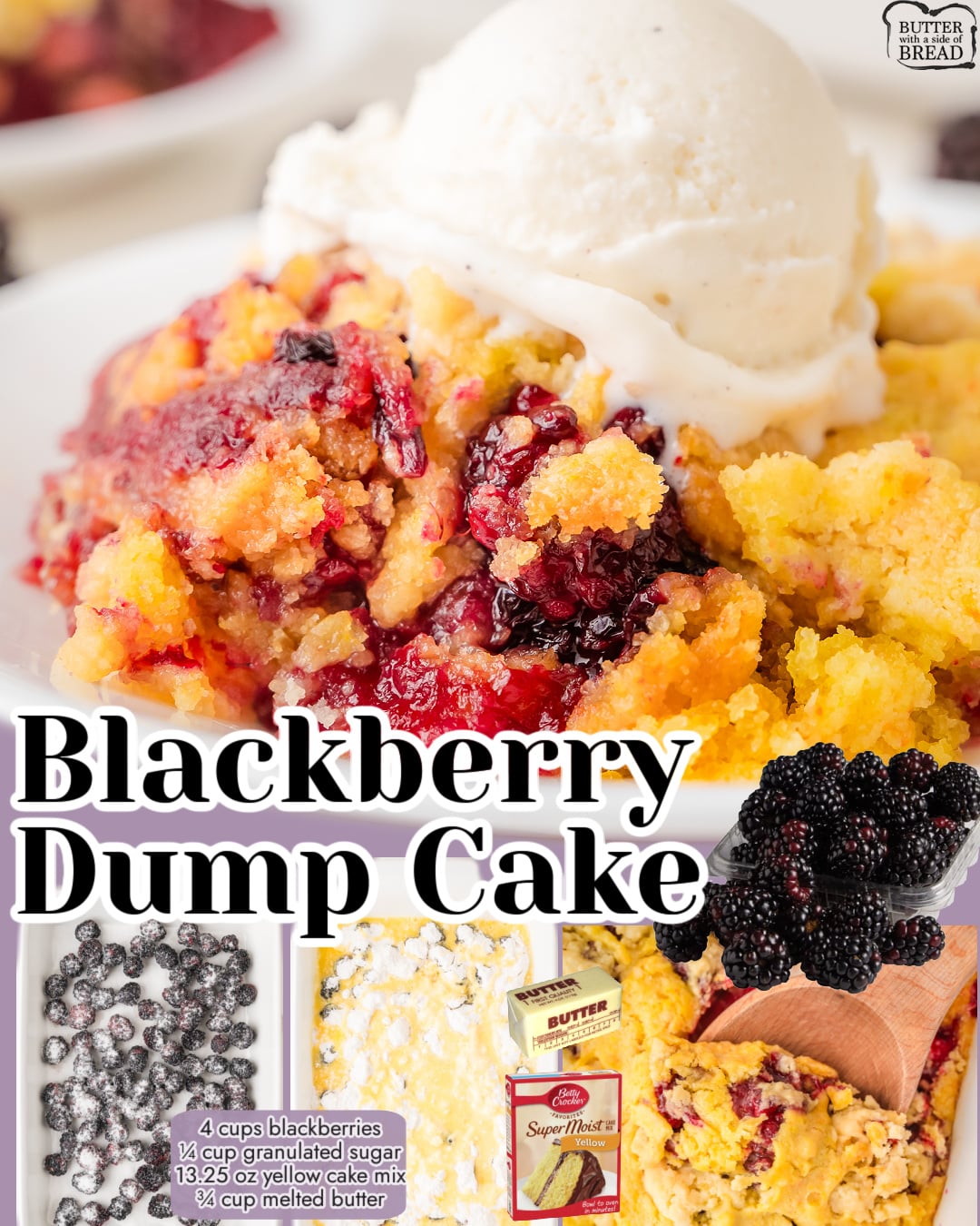 Blackberry Dump Cake made with just 4 ingredients, a yellow cake mix, butter, sugar and fresh blackberries for a tasty, homestyle cake that is even better topped with ice cream!