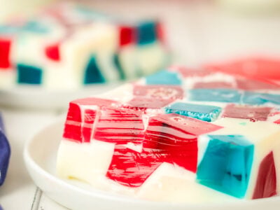 red, white and blue broken glass jello