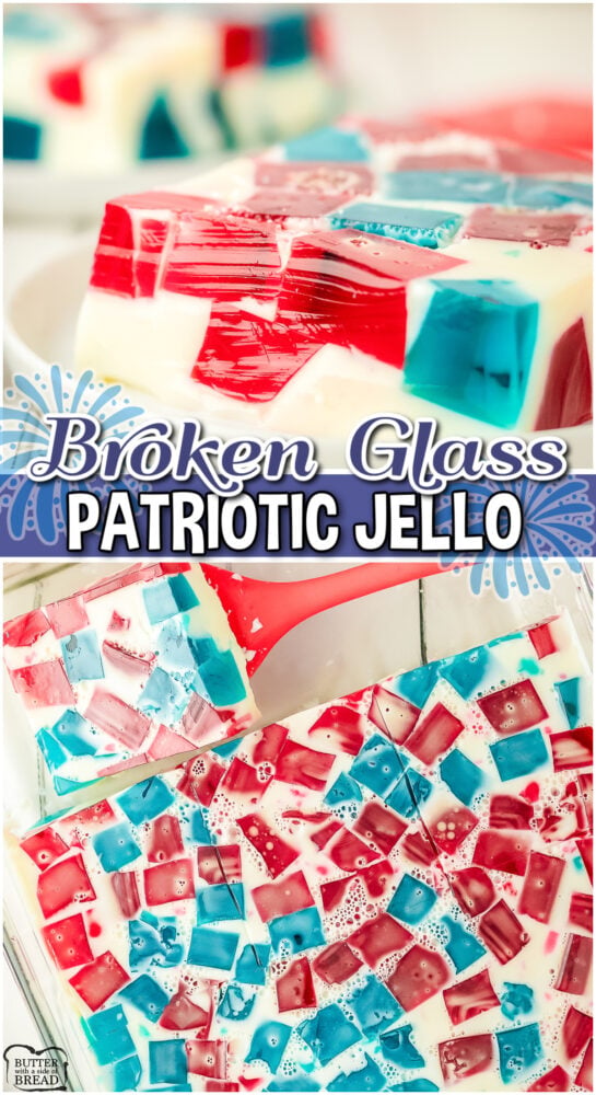 Fourth of July Broken Glass Jello is a bright, festive dessert that looks just like edible stained glass! Colorful red and blue jello cubes are suspended in a creamy sweetened condensed milk base, creating a stunning effect that’s surprisingly easy to make!