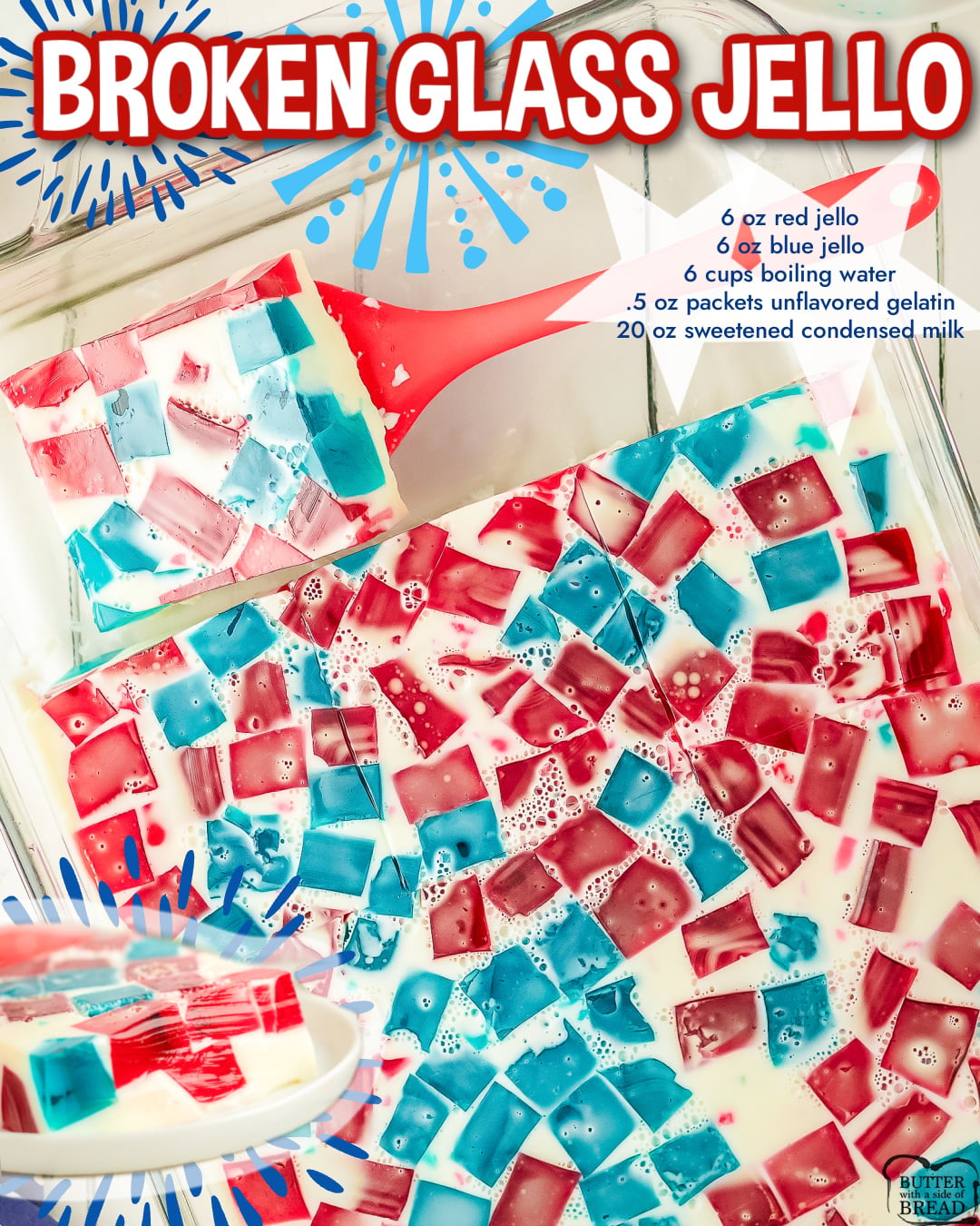 Fourth of July Broken Glass Jello is a bright, festive dessert that looks just like edible stained glass!&nbsp;Colorful red and blue jello cubes are suspended in a creamy sweetened condensed milk base, creating a stunning effect that&rsquo;s surprisingly easy to make!
