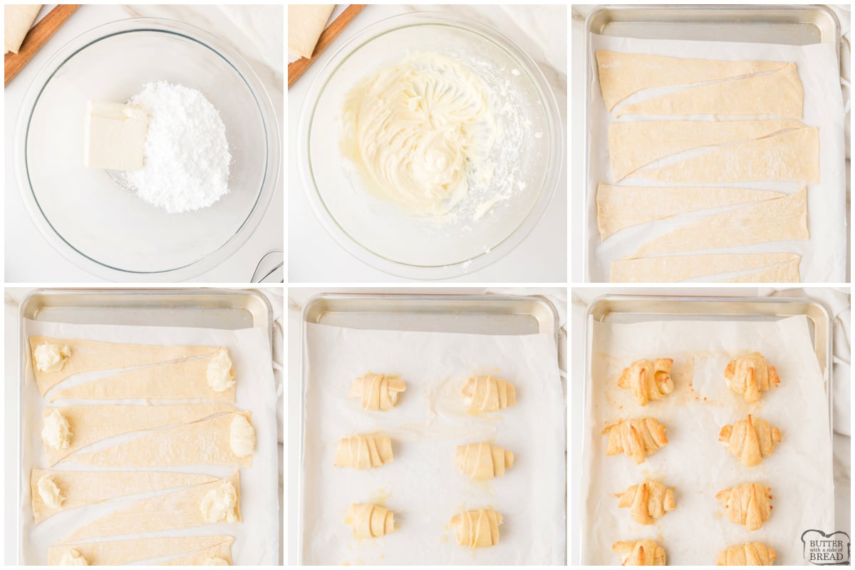 Step by step process photos for making Cream Cheese Croissants.