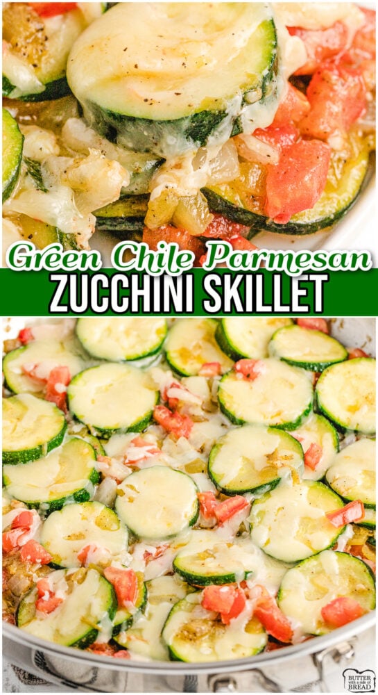 This Green Chile Zucchini Skillet comes together in 15 minutes with fresh zucchini, tomatoes, green chiles, and melty Monterey Jack cheese. The easiest way to use up garden zucchini all summer long.