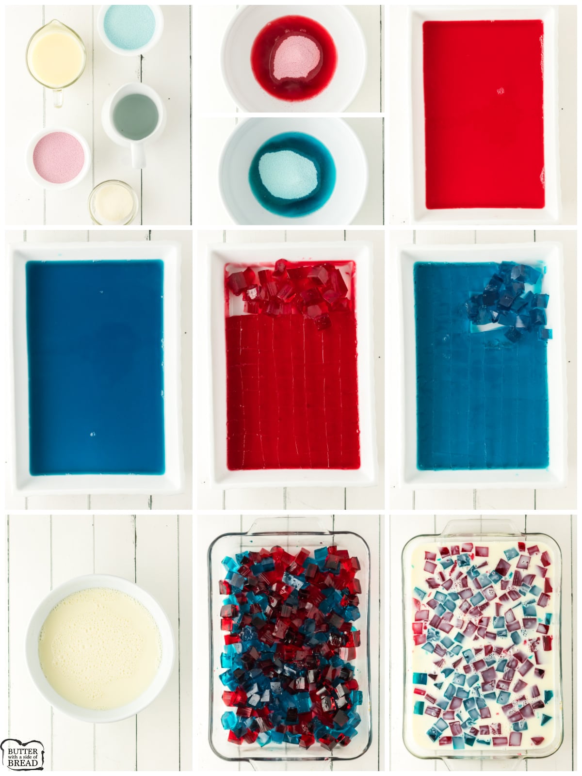 making red, white and blue broken glass jello