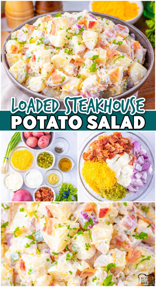 This Steakhouse Potato Salad is loaded with bacon, cheddar cheese, dill pickles, & creamy Dijon dressing. Better than anything from the deli counter and ready in 30 minutes!