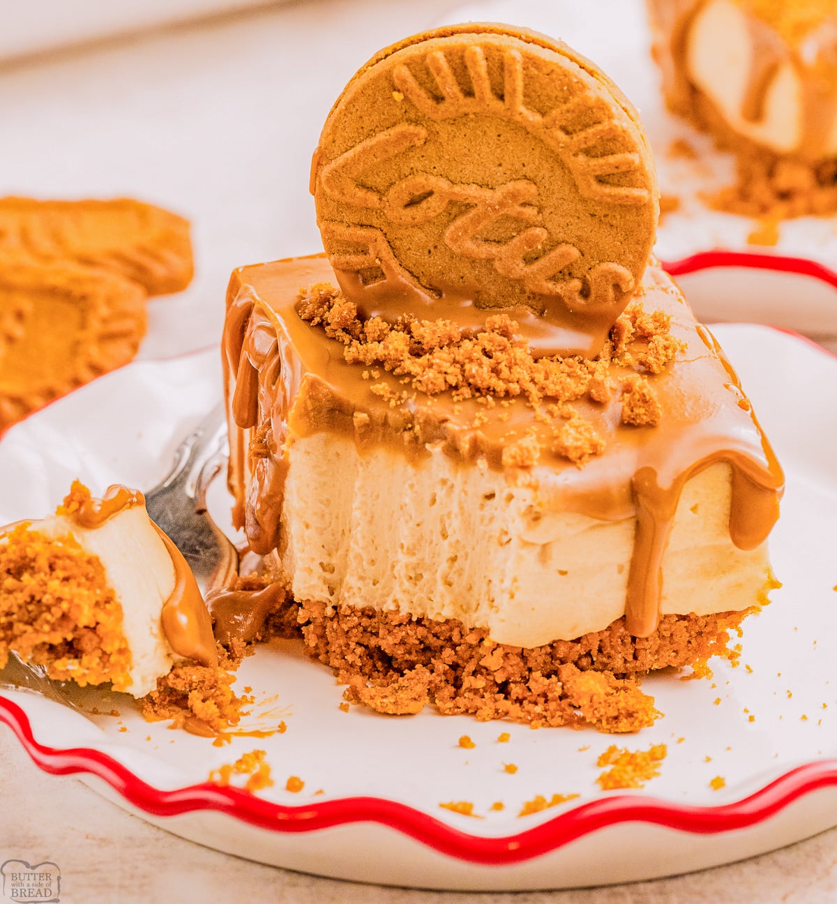 bite taken out of a biscoff no bake cheesecake