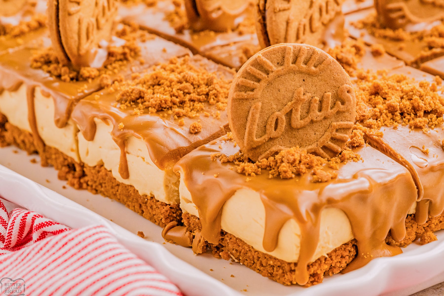 cookie butter dripping over no bake cheesecake