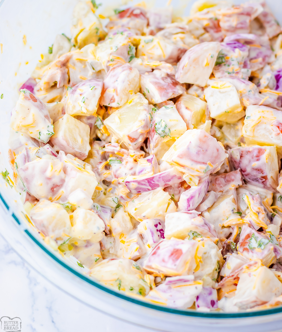 loaded Steakhouse potato salad with a creamy dijon dressing