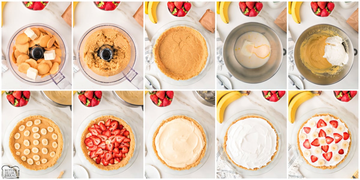 Step by step instructions on how to make no-bake strawberry banana pie recipe.