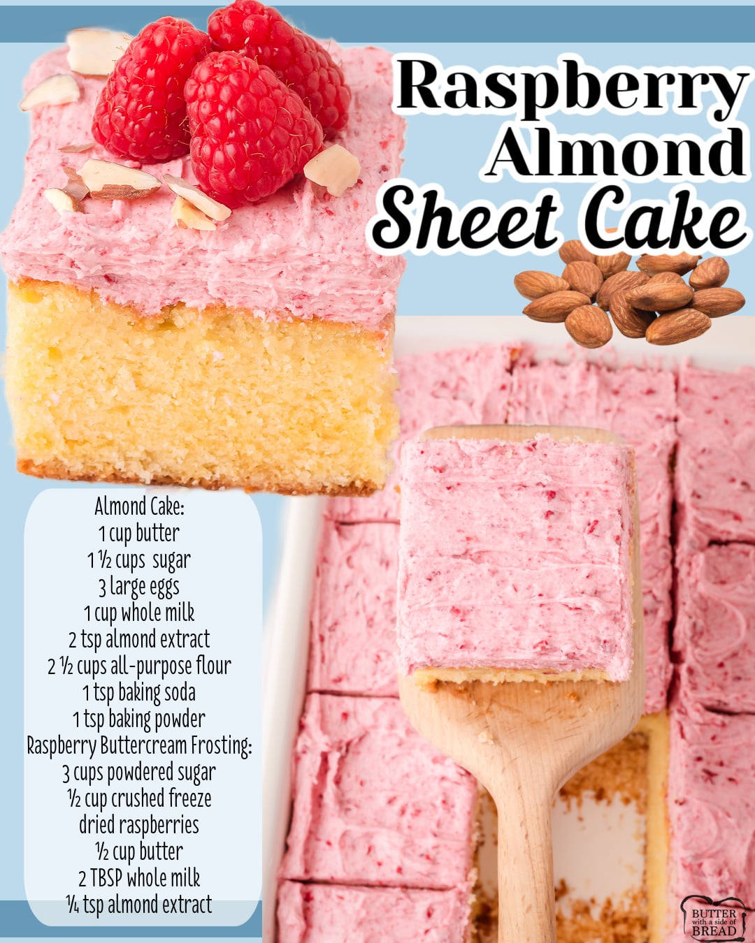 Almond Raspberry Cake made with classic ingredients & topped with a delightful raspberry buttercream frosting with lovely bright flavors! Homemade sheet cake perfect for any occasion!