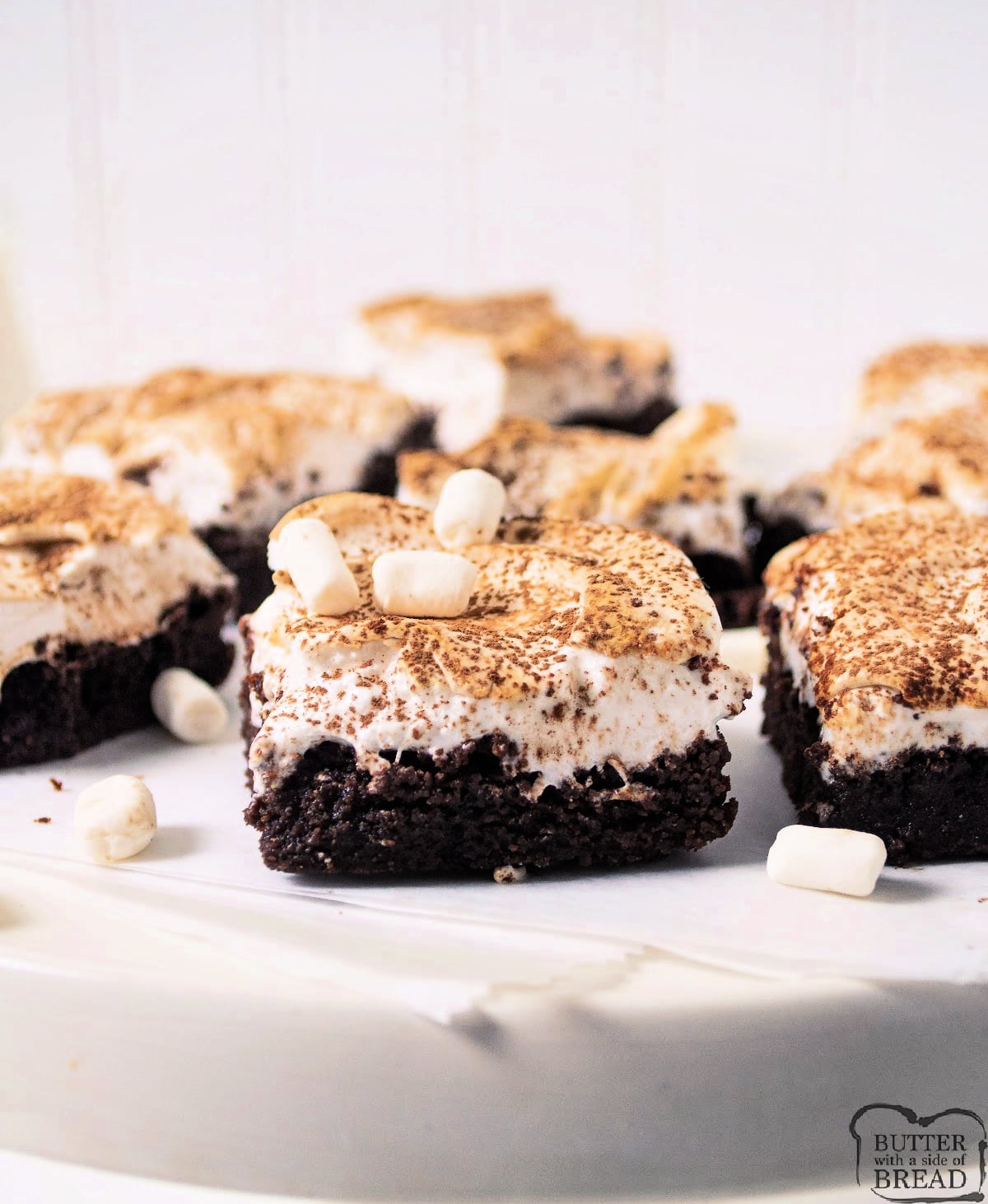 Single toasted marshmallow brownie square showing fudgy chocolate interior