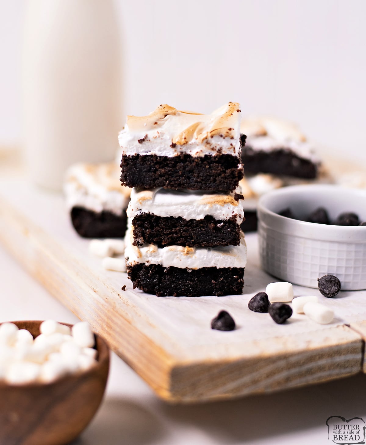 Stack of toasted marshmallow brownies.