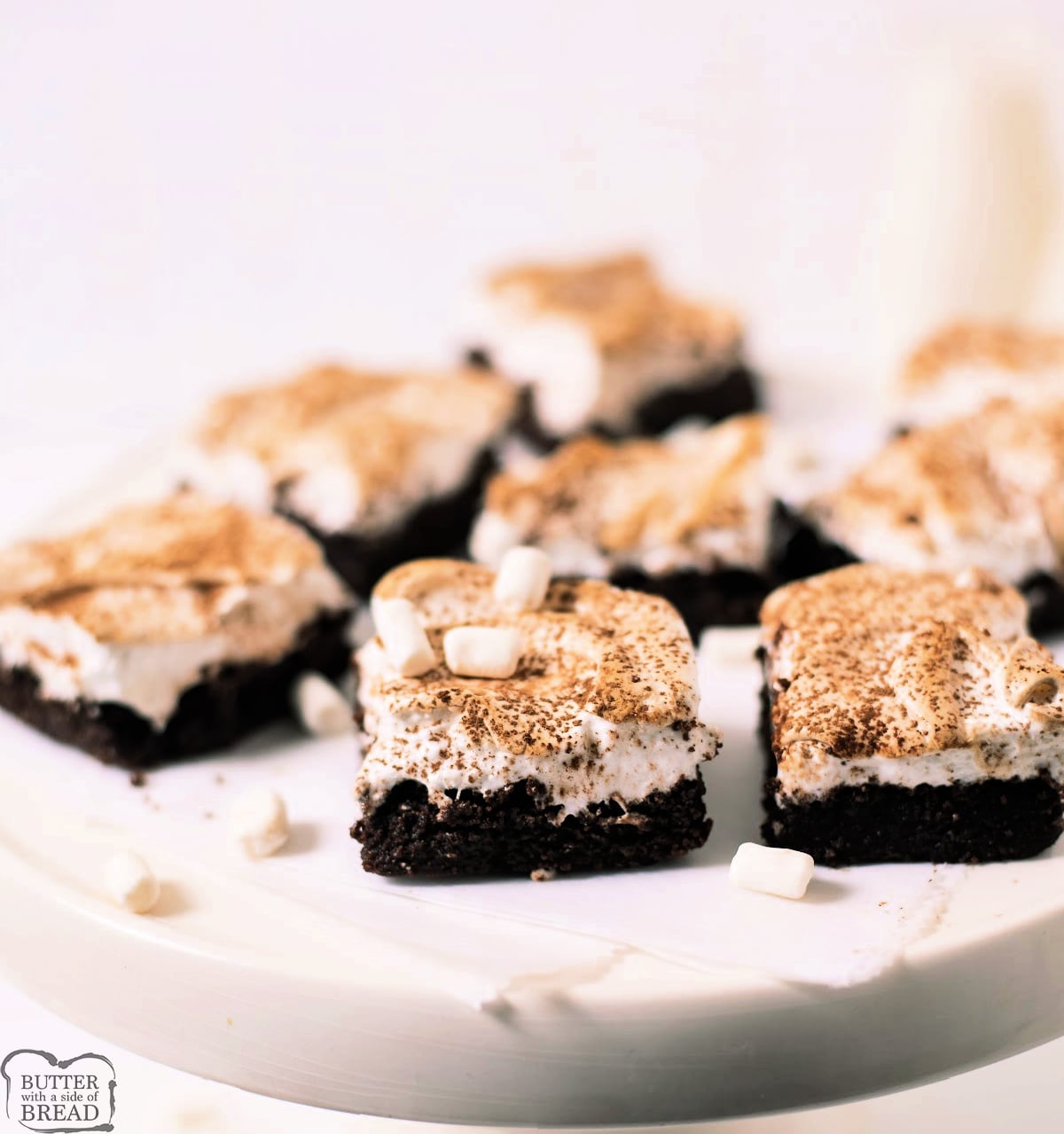 Toasted marshmallow brownies with golden toasted peaks.