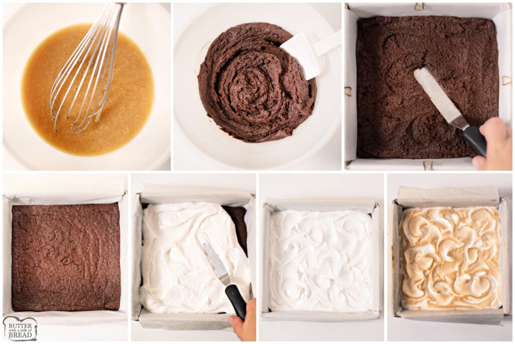 Step by step photos showing how to make toasted marshmallow brownies